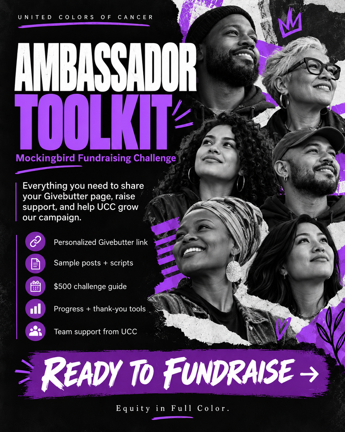 Ambassador Toolkit poster listing personalized Givebutter link, sample posts and scripts, $500 challenge guide, progress and thank-you tools, and team support from UCC